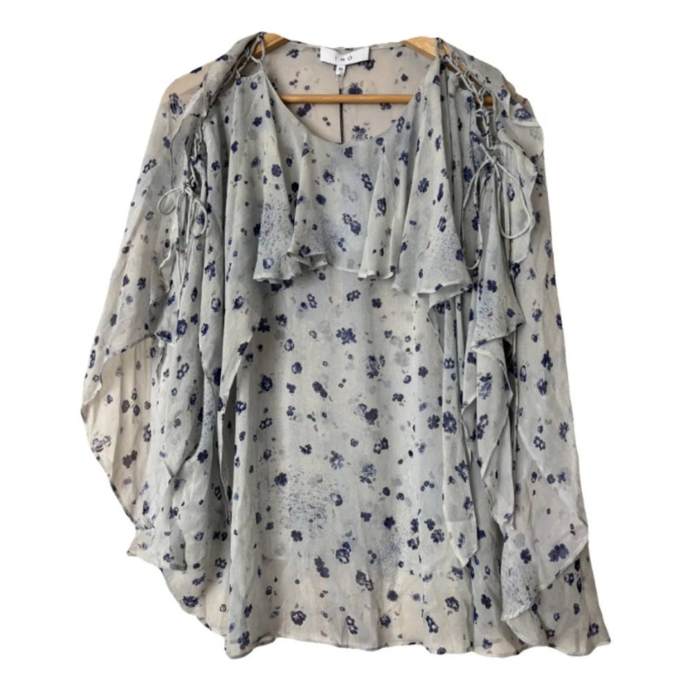 IRO Blue White Print Georgette Lace Up Blouse 40